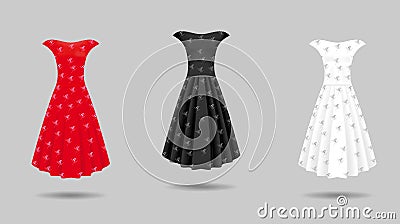 Women`s dress mockup collection. Dress with long pleated skirt. Vector Illustration
