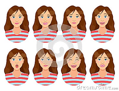 Women`s emotions. Female face expression. Woman avatar. Vector Illustration