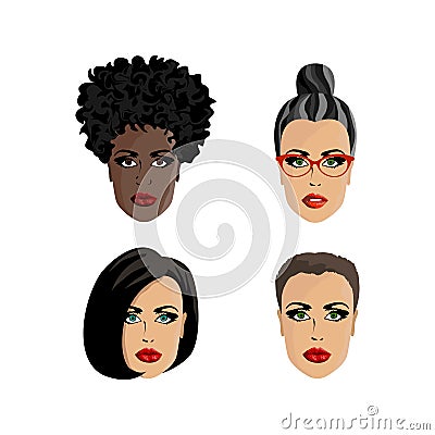 Women`s faces with hairstyles Vector Illustration