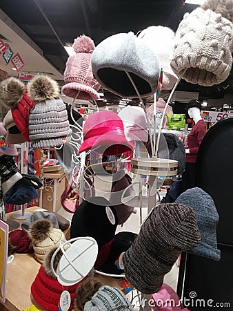 Women`s fashion hats, sold in supermarkets Editorial Stock Photo