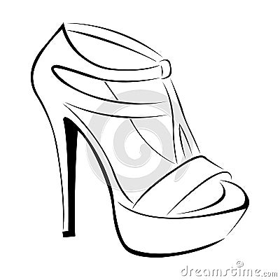 Women`s fashionable decorative high-heeled sandal. Open shoes. Sketch design is suitable for icons Vector Illustration