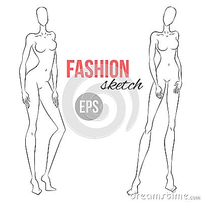 Women`s figure sketch. Different poses. Template for drawing for designers of clothes. Vector outline girl model template for fash Vector Illustration