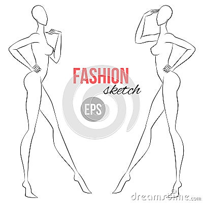 Women`s figure sketch. Half-face wiev. Vector outline girl model template for fashion sketching. Fashion illustration. Vector Illustration