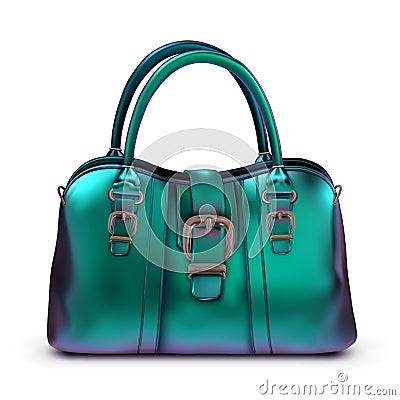 Women`s glossy lacquered bag turquoise iridescent color with buckles and short handles. Cartoon Illustration
