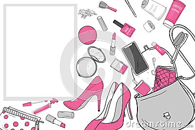 Women`s handbag with cosmetics, shoes and smartphone. Personal effects fell out of the bag. Vector illustration in Vector Illustration