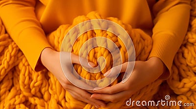 Women's hands close-up, knitting, Crochet.top view on pure soft yellow background.AI generated Stock Photo