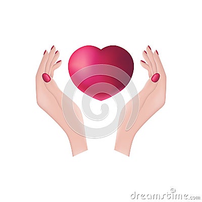 Women s hands with a heart. A red heart in women s palms. A heart warmed by the warmth of women s hands. Romantic vector Vector Illustration
