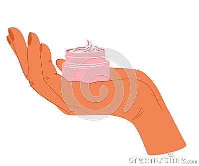 Women's hands holding cream. Cosmetic product. Washing milk, body and face cream. Facial massage. Vector Illustration