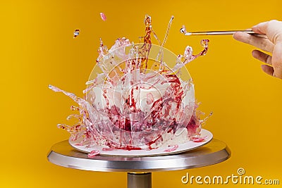 womens hands making biscuit cake with white cream using cooking brushe,selective focus Stock Photo