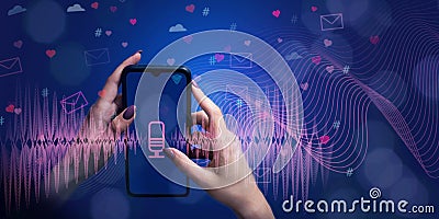 Women`s hands with a smartphone with a microphone icon on the background of graphic icons of likes, letters, hashtags. The concep Stock Photo