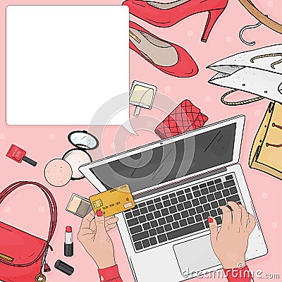 Women`s hands use a credit card and laptop to pay for online purchases with credit cards. Template. Vector Illustration