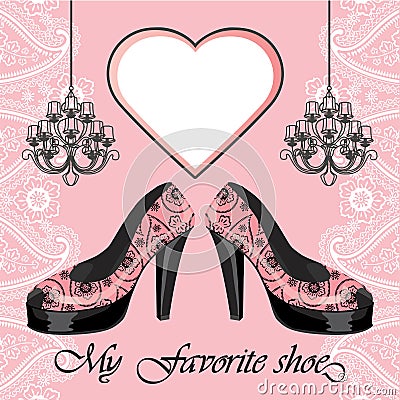 Women's high heel shoe, label , chandeliers Vector Illustration