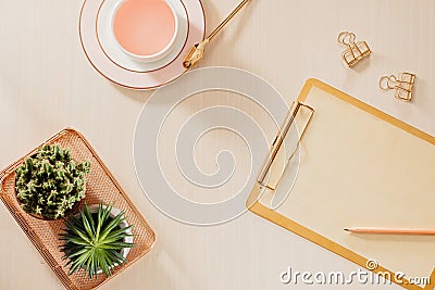 Women`s home office workspace with clipboard, macaroons, pen, coffee mug on pastel background. Flat lay, top view lifestyle Stock Photo