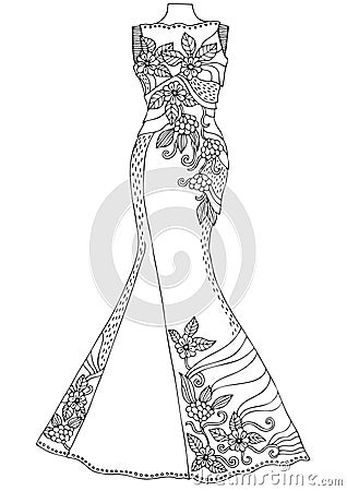 Women`s lace dress. Hand drawn illustration for coloring page, poster or invitation card design. Vector Illustration