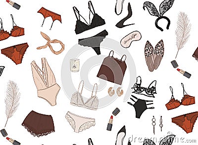 Women`s lingerie hand-drawn background, blach beige underwear set illustration in vector. Sexy undergarment boutique advert, Vector Illustration