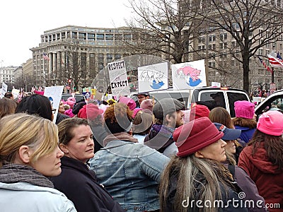 Women`s March, Crowds on Pennsylvania Avenue, Social Media Twitter Bird, Washington, DC, USA Editorial Stock Photo