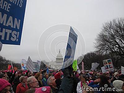 Women`s March, Women Rights Are Human Rights, Unique Signs and Posters, US Capitol, National Mall, Washington, DC, USA Editorial Stock Photo