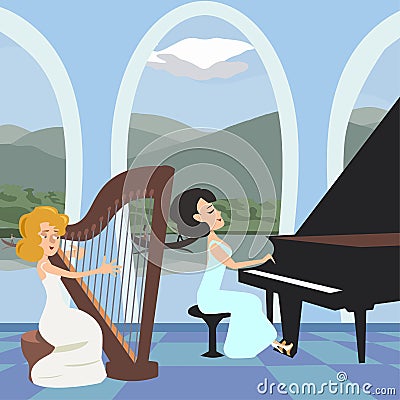 Women`s musical performance at romantic hall vector cartoon Vector Illustration