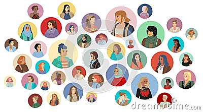 Women online community, set of circle avatars, women different nationalities, round portraits of girls. Vector banner Vector Illustration