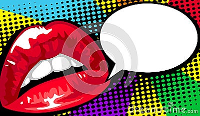 Women`s Red Lips Comics. Vector bright dynamic cartoon illustration. Pop Art style. Vector Illustration