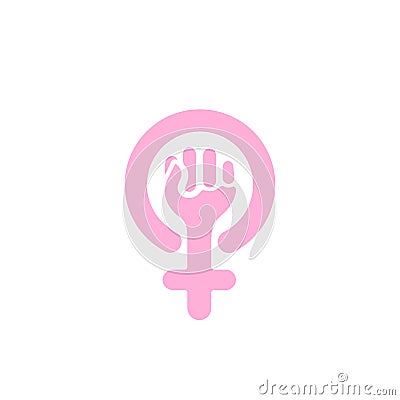 Women`s rights symbol, female fist with a cross in a circle sign, vector logotype template. Vector Illustration