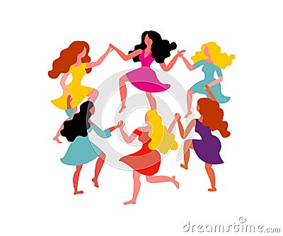 Women`s round dance. Women with long hair and dresses hold hands. Vector illustration on March 8th. Vector Illustration