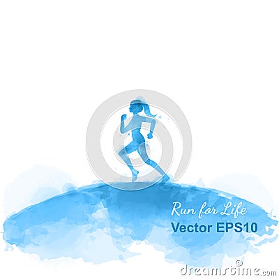 Women`s running silhouette on watercolor background. Runner vector illustration. Feminism concept. Digital art painti Vector Illustration