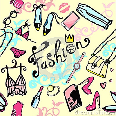 Women`s seamless bright background from accessories girls Vector Illustration