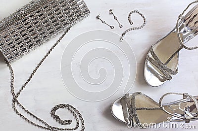 Women's set of fashion accessories in silver color Stock Photo