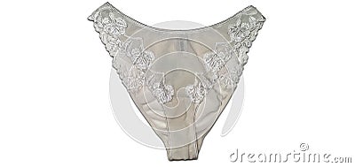 Women's sexy white satin lace panties with traces of socks isolated on white Stock Photo