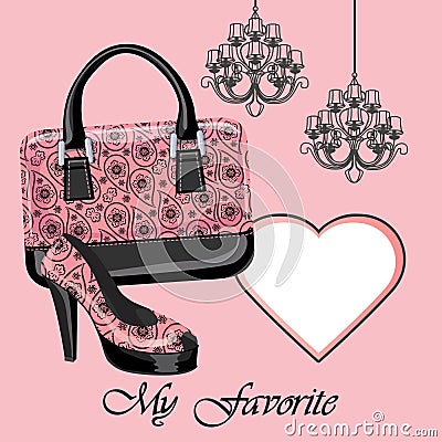 Women's shoe,handbag, label , chandeliers Vector Illustration