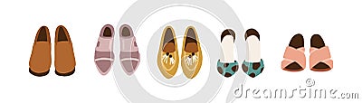 Women s shoe wardrobe. Set of female fashion footwear. Brogues, pointed loafers, high heel sandals with crosswise straps Vector Illustration