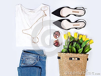 Women`s spring summer basic outfit. Apparels flat composition Stock Photo