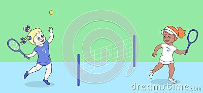 Women's tennis. Two cute multicultural girls playing on the tennis court Vector Illustration