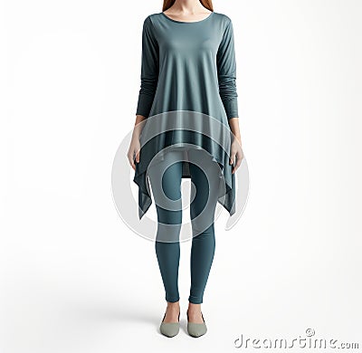 Teal Asymmetric High Dipped Back Tunic With Tights Stock Photo