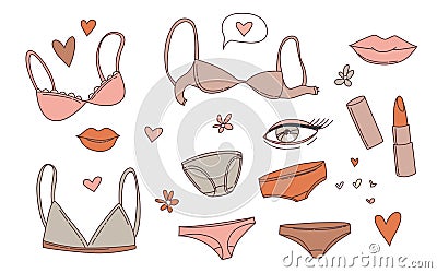 Women`s underwear lingerie bras panties, lips, lipstick, flowers set stickers Vector Illustration