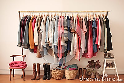 Women's wardrobe. Clothes rail with hangers. Concept of clothing and shopping and nothing to wear Stock Photo