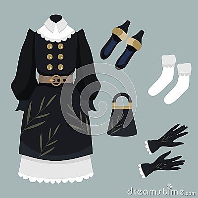 Women's wardrobe. Dress of a noble lady. Shoes, bag, black gloves, white socks. Victorian. Dress with lace and Stock Photo