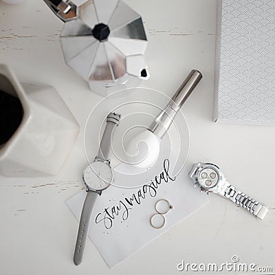 Women`s watches and decorations on the table Stock Photo