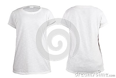 Women`s blank white t-shirt, front and back design template Stock Photo