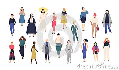 Women`s world. Crowd of girls dressed in trendy casual and formal clothes. Collection of female cartoon characters Vector Illustration