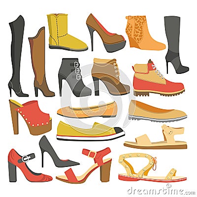 Women shoes or female footwear boots types vector flat isolated icons set Vector Illustration