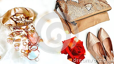 Women shoes and handbag gold stylish elegant luxury accessories roses flowers still life shop girl clothes,Jewelry white pearl fas Stock Photo