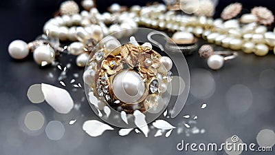 Jewelry white pearl vintage silver white pearl on black white roses Stock Photo