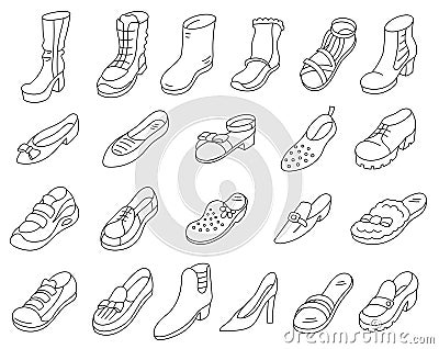 Women shoes. Variety of shoes available for women. Editable outline. Stock Photo