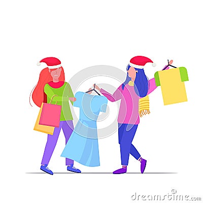 Women shoppers in santa hats fighting for last dress customers couple on seasonal shopping sale fight concept full Vector Illustration