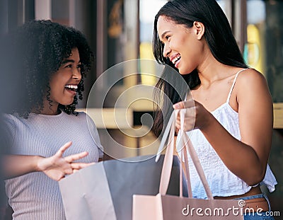 Women, shopping bag and retail promotion conversation in shopping market street for luxury fashion, financial discount Stock Photo