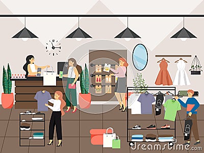 Women shopping and buying clothes in clothing shop or apparel boutique. Fashion dress concept vector illustration Vector Illustration