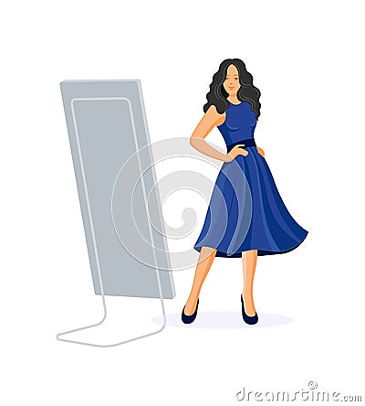 Girl front mirror, choosing and trying dress clothes. Vector Illustration