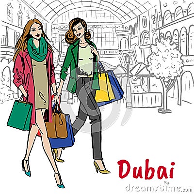 Women in shopping mall Vector Illustration